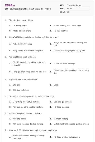 200+ câu trắc nghiệm Phục hình 1 có đáp án - Phần 4