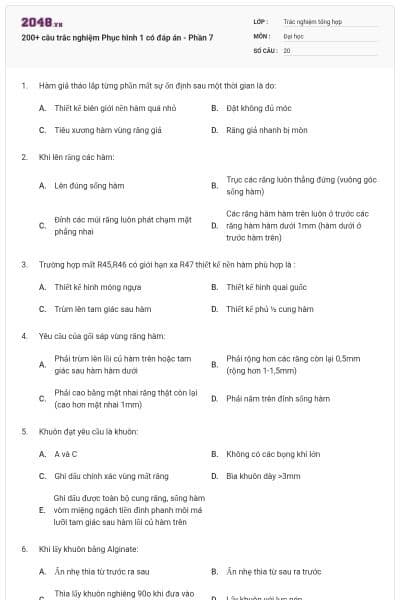 200+ câu trắc nghiệm Phục hình 1 có đáp án - Phần 7