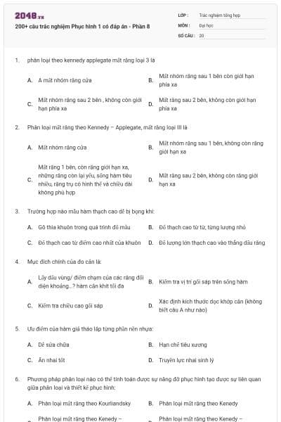 200+ câu trắc nghiệm Phục hình 1 có đáp án - Phần 8