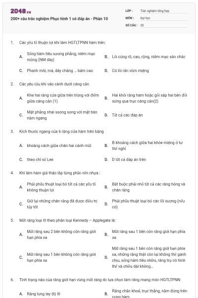 200+ câu trắc nghiệm Phục hình 1 có đáp án - Phần 10