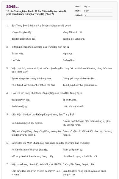 16 câu Trắc nghiệm Địa Lí 12 Bài 35 (có đáp án): Vấn đề phát triển kinh tế-xã hội ở Trung Bộ (Phần 2)
