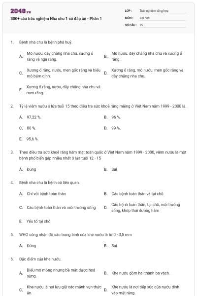 300+ câu trắc nghiệm Nha chu 1 có đáp án - Phần 1