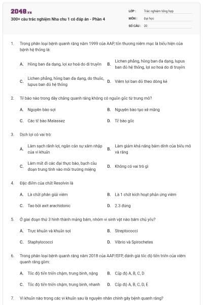 300+ câu trắc nghiệm Nha chu 1 có đáp án - Phần 4