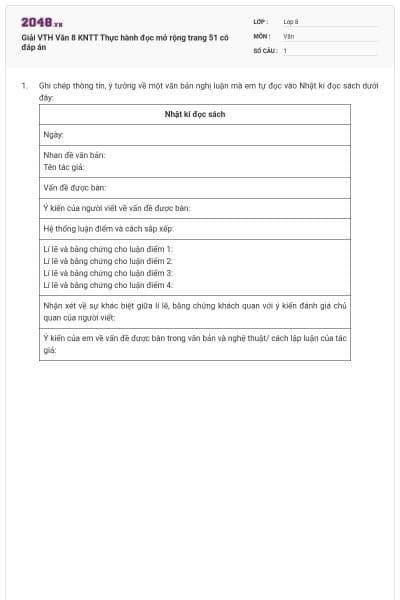 Giải VTH Văn 8 KNTT Thực hành đọc mở rộng trang 51 có đáp án