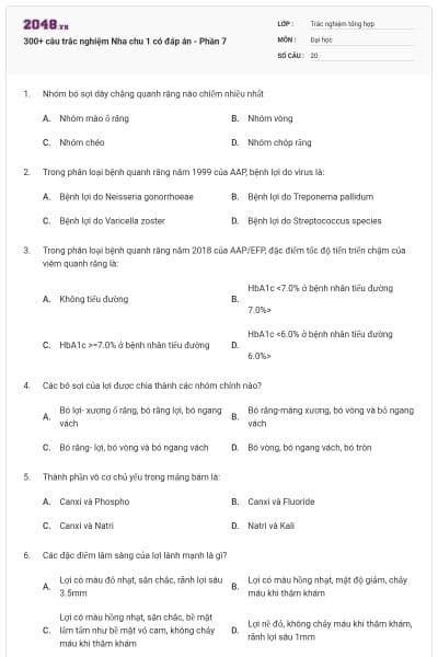 300+ câu trắc nghiệm Nha chu 1 có đáp án - Phần 7