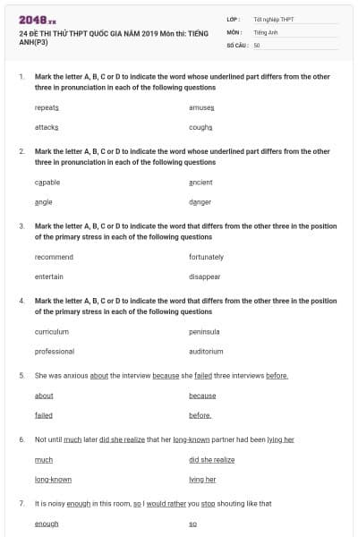 24 ĐỀ THI THỬ THPT QUỐC GIA NĂM 2019 Môn thi: TIẾNG ANH(P3)