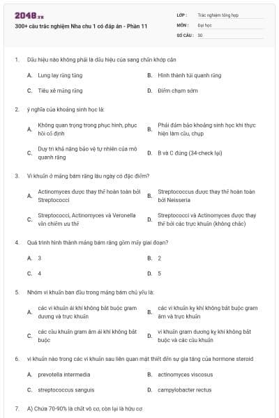 300+ câu trắc nghiệm Nha chu 1 có đáp án - Phần 11