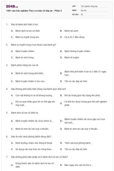 100+ câu trắc nghiệm Thú y cơ bản có đáp án - Phần 3