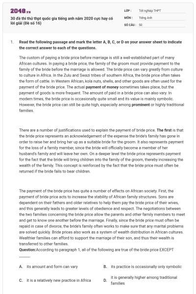 30 đề thi thử thpt quốc gia tiếng anh năm 2020 cực hay có lời giải (Đề số 16)