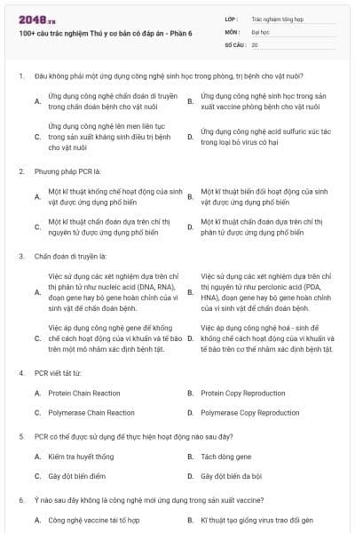 100+ câu trắc nghiệm Thú y cơ bản có đáp án - Phần 6