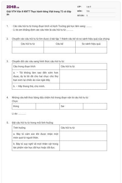 Giải VTH Văn 8 KNTT Thực hành tiếng Việt trang 72 có đáp án