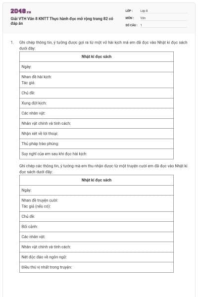 Giải VTH Văn 8 KNTT Thực hành đọc mở rộng trang 82 có đáp án