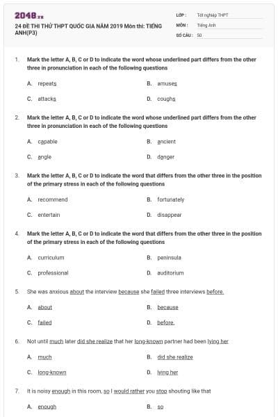24 ĐỀ THI THỬ THPT QUỐC GIA NĂM 2019 Môn thi: TIẾNG ANH(P3)