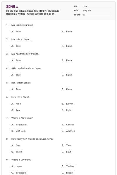 20 câu trắc nghiệm Tiếng Anh 4 Unit 1: My friends - Reading & Writing - Global Success có đáp án