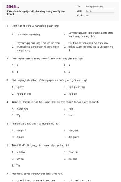 400+ câu trắc nghiệm Mô phôi răng miệng có đáp án - Phần 7