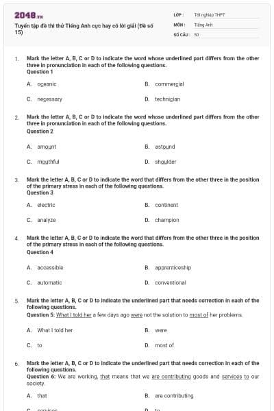 Tuyển tập đề thi thử Tiếng Anh cực hay có lời giải (Đề số 15)
