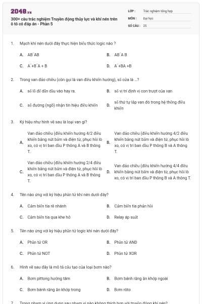300+ câu trắc nghiệm Truyền động thủy lực và khí nén trên ô tô có đáp án - Phần 5