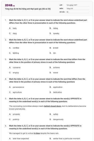 Tổng hợp đề thi thử tiếng anh thpt quốc gia (Đề số 36)