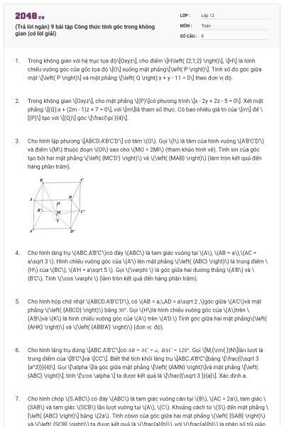 (Trả lời ngắn) 9 bài tập Công thức tính góc trong không gian (có lời giải)
