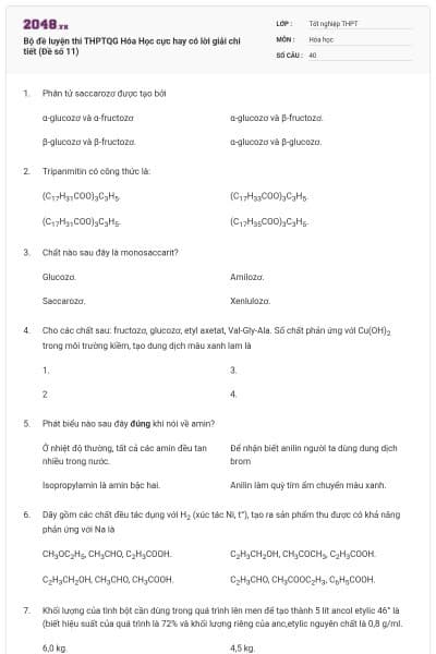 Bộ đề luyện thi THPTQG Hóa Học cực hay có lời giải chi tiết (Đề số 11)