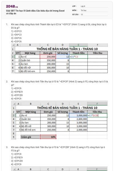 Giải SBT Tin học 8 Cánh diều Các kiểu địa chỉ trong Excel có đáp án