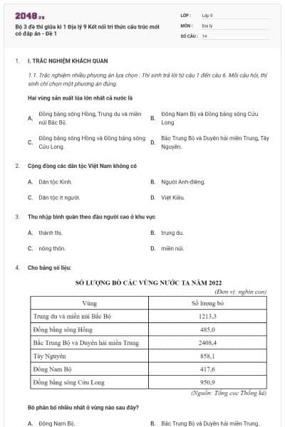 Bộ 3 đề thi giữa kì 1 Địa lý 9 Kết nối tri thức cấu trúc mới có đáp án - Đề 1