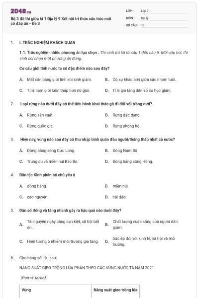 Bộ 3 đề thi giữa kì 1 Địa lý 9 Kết nối tri thức cấu trúc mới có đáp án - Đề 3