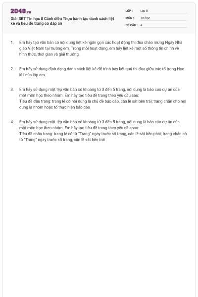 Giải SBT Tin học 8 Cánh diều Thực hành tạo danh sách liệt kê và tiêu đề trang có đáp án