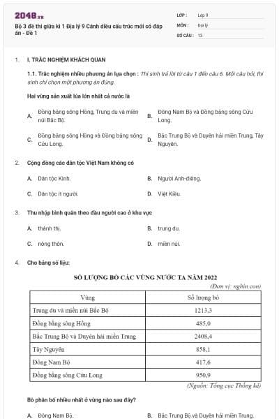 Bộ 3 đề thi giữa kì 1 Địa lý 9 Cánh diều cấu trúc mới có đáp án - Đề 1