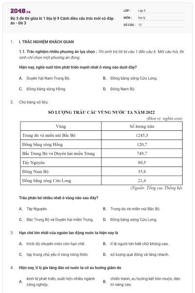 Bộ 3 đề thi giữa kì 1 Địa lý 9 Cánh diều cấu trúc mới có đáp án - Đề 3
