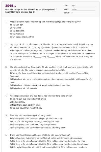 Giải SBT Tin học 8 Cánh diều Kết nối đa phương tiện và hoàn thiện trang chiếu có đáp án