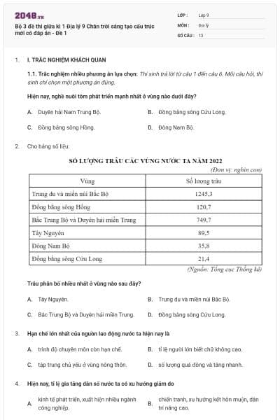 Bộ 3 đề thi giữa kì 1 Địa lý 9 Chân trời sáng tạo cấu trúc mới có đáp án - Đề 1