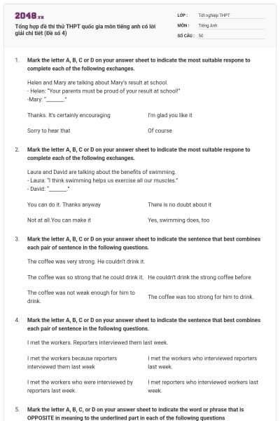 Tổng hợp đề thi thử THPT quốc gia môn tiếng anh có lời giải chi tiết (Đề số 4)
