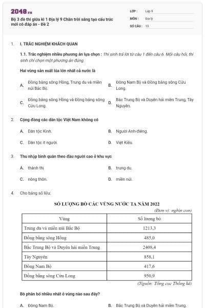 Bộ 3 đề thi giữa kì 1 Địa lý 9 Chân trời sáng tạo cấu trúc mới có đáp án - Đề 2