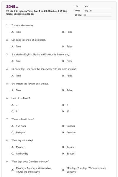 20 câu trắc nghiệm Tiếng Anh 4 Unit 3- Reading & Writing- Global Success có đáp án