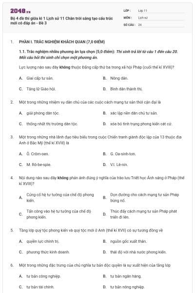 Bộ 4 đề thi giữa kì 1 Lịch sử 11 Chân trời sáng tạo cấu trúc mới có đáp án - Đề 3
