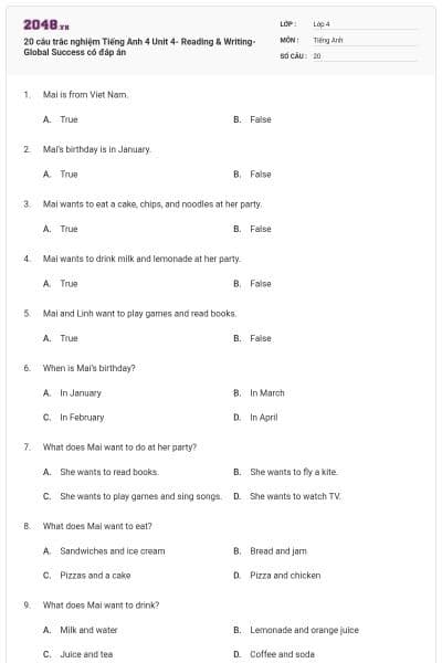 20 câu trắc nghiệm Tiếng Anh 4 Unit 4- Reading & Writing- Global Success có đáp án
