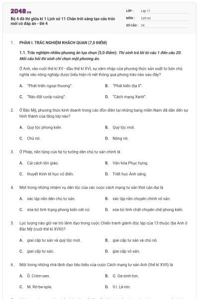 Bộ 4 đề thi giữa kì 1 Lịch sử 11 Chân trời sáng tạo cấu trúc mới có đáp án - Đề 4