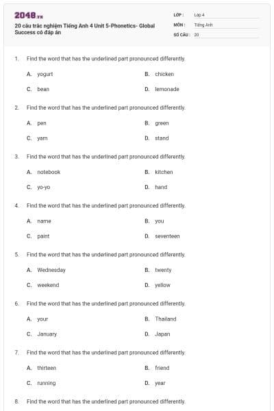 20 câu trắc nghiệm Tiếng Anh 4 Unit 5-Phonetics- Global Success có đáp án