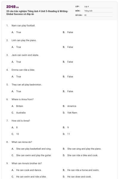 20 câu trắc nghiệm Tiếng Anh 4 Unit 5-Reading & Writing- Global Success có đáp án
