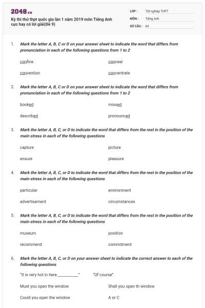 Kỳ thi thử thpt quốc gia lần 1 năm 2019 môn Tiếng Anh cực hay có lời giải(Đề 9)