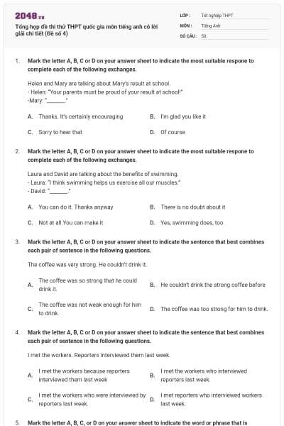Tổng hợp đề thi thử THPT quốc gia môn tiếng anh có lời giải chi tiết (Đề số 4)