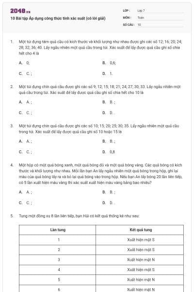 10 Bài tập Áp dụng công thức tính xác suất (có lời giải)
