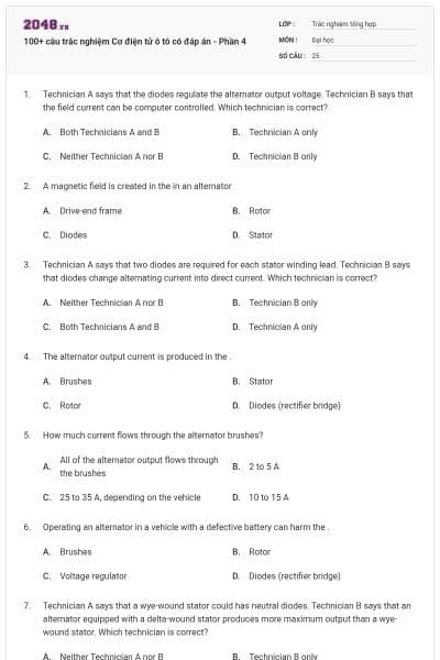 100+ câu trắc nghiệm Cơ điện tử ô tô có đáp án - Phần 4