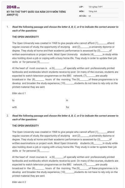 KỲ THI THỬ THPT QUỐC GIA NĂM 2019 MÔN TIẾNG ANH(P15)