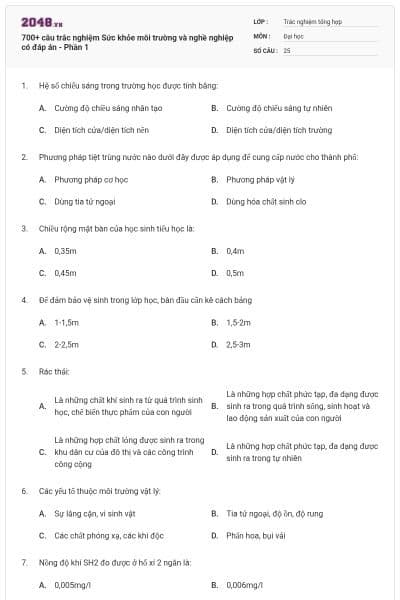 700+ câu trắc nghiệm Sức khỏe môi trường và nghề nghiệp có đáp án - Phần 1