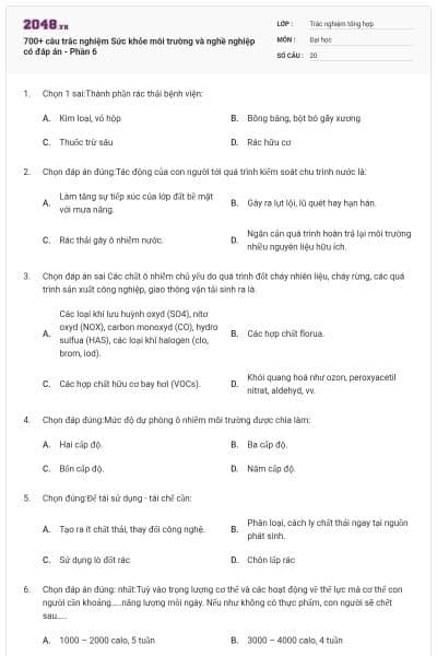 700+ câu trắc nghiệm Sức khỏe môi trường và nghề nghiệp có đáp án - Phần 6