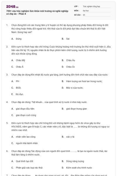 700+ câu trắc nghiệm Sức khỏe môi trường và nghề nghiệp có đáp án - Phần 8