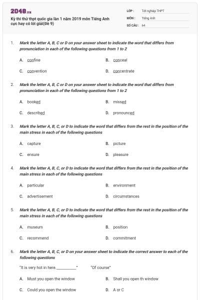 Kỳ thi thử thpt quốc gia lần 1 năm 2019 môn Tiếng Anh cực hay có lời giải(Đề 9)