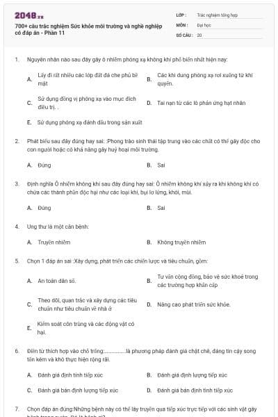 700+ câu trắc nghiệm Sức khỏe môi trường và nghề nghiệp có đáp án - Phần 11